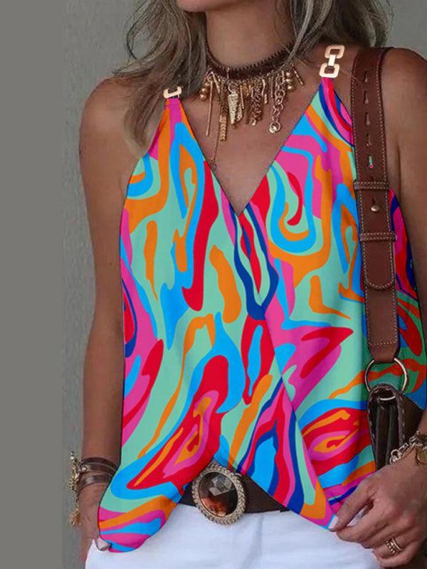 Simple V-neck Metal Buckle Printed Vest Top Women - 808Lush