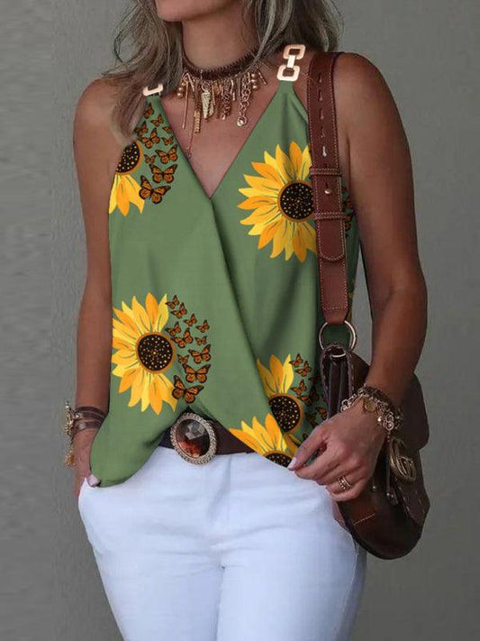 Simple V-neck Metal Buckle Printed Vest Top Women - 808Lush