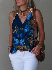 Simple V-neck Metal Buckle Printed Vest Top Women - 808Lush