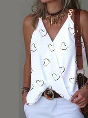 Simple V-neck Metal Buckle Printed Vest Top Women - 808Lush