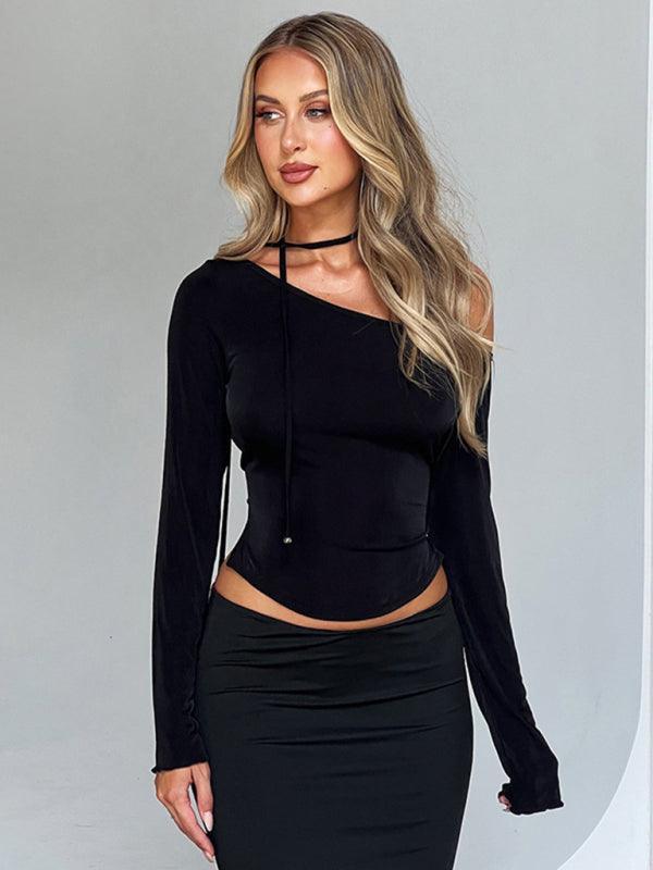 Slanted shoulder waist slit long sleeve slim hot girl T-shirt - 808Lush