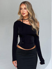 Slanted shoulder waist slit long sleeve slim hot girl T-shirt - 808Lush