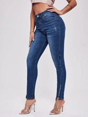 Slit Beaded Stitching Slim High Waist Stretch Jeans Women's Trousers - 808Lush