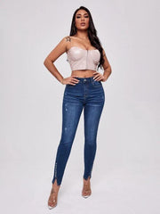 Slit Beaded Stitching Slim High Waist Stretch Jeans Women's Trousers - 808Lush