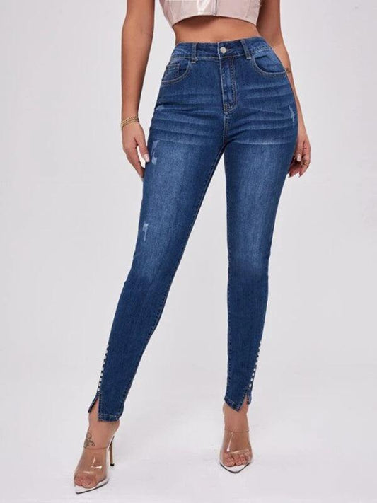 Slit Beaded Stitching Slim High Waist Stretch Jeans Women's Trousers - 808Lush