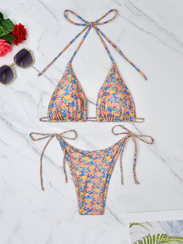 Small floral lace-up bikini beach sexy split swimsuit - 808Lush