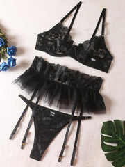 Small skirt embroidered bra garter belt three-piece sexy underwear - 808Lush