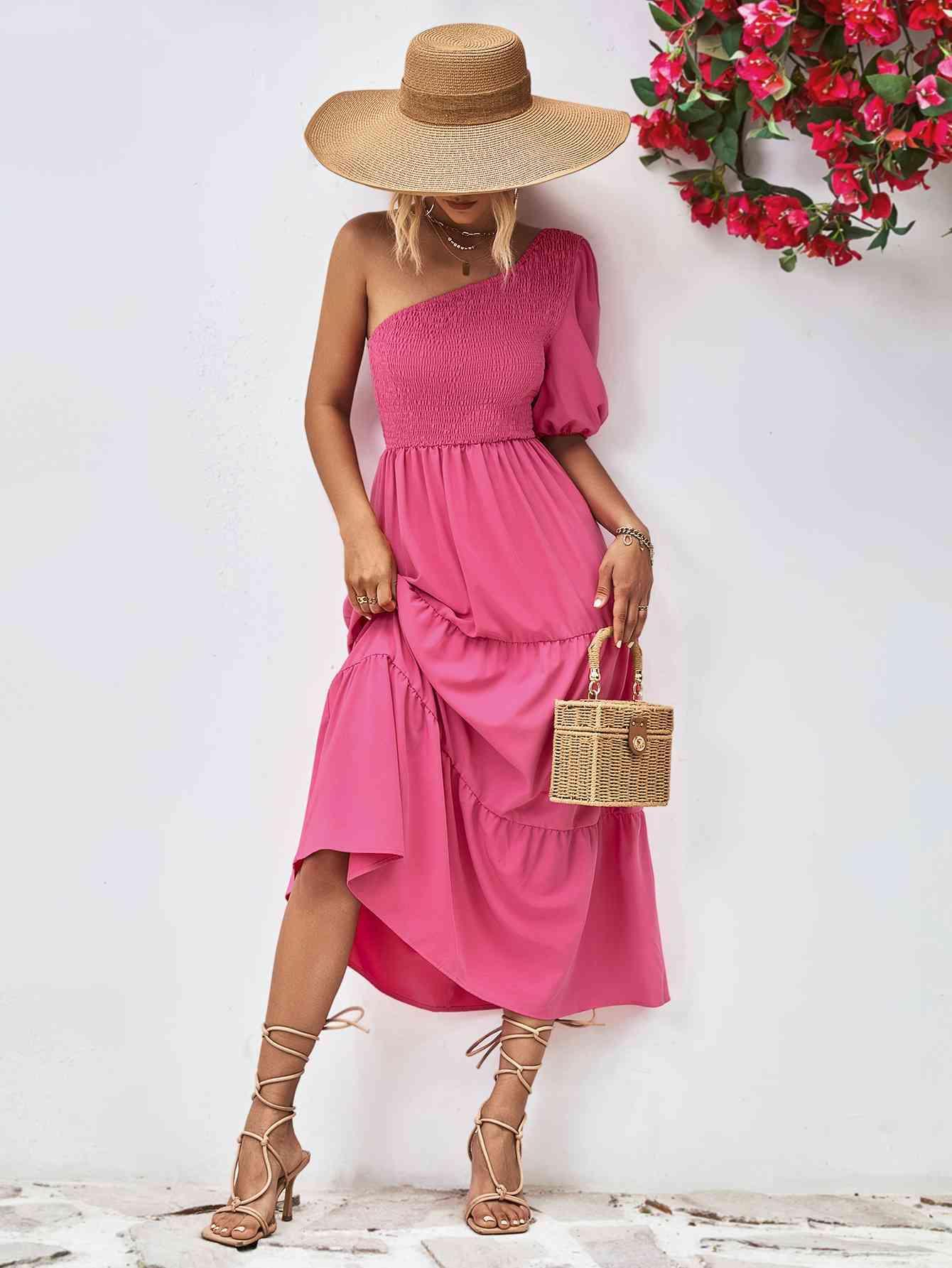 Smocked One-Shoulder Midi Dress - 808Lush