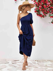 Smocked One-Shoulder Midi Dress - 808Lush