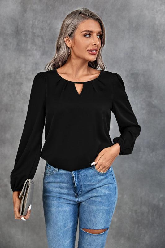 Solid Classic Casual Gathered Long Sleeve Shirt - 808Lush