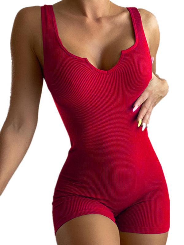 Solid Color Casual Knit Rib V-Neck Tank Top Slim Fit Jumpsuit - 808Lush