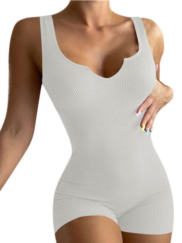 Solid Color Casual Knit Rib V-Neck Tank Top Slim Fit Jumpsuit - 808Lush