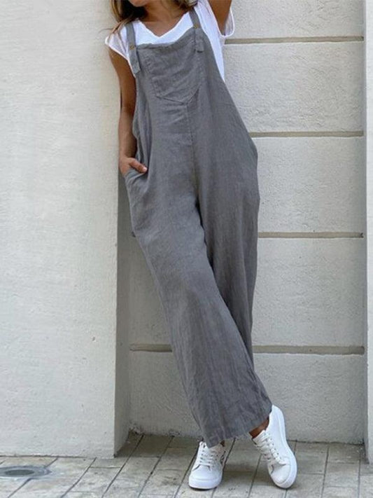 Solid color long jumpsuit with suspenders - 808Lush