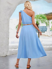 Solid color slanted shoulder waist top and skirt suit - 808Lush