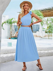 Solid color slanted shoulder waist top and skirt suit - 808Lush