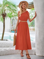 Solid color slanted shoulder waist top and skirt suit - 808Lush