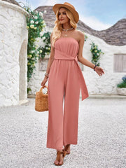 Solid color tube top and waist slim fit jumpsuit - 808Lush