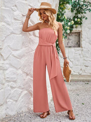 Solid color tube top and waist slim fit jumpsuit - 808Lush