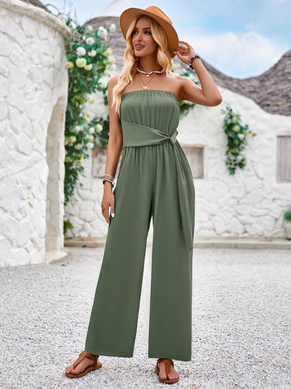 Solid color tube top and waist slim fit jumpsuit - 808Lush