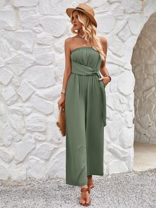 Solid color tube top and waist slim fit jumpsuit - 808Lush