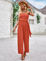 Solid color tube top and waist slim fit jumpsuit - 808Lush