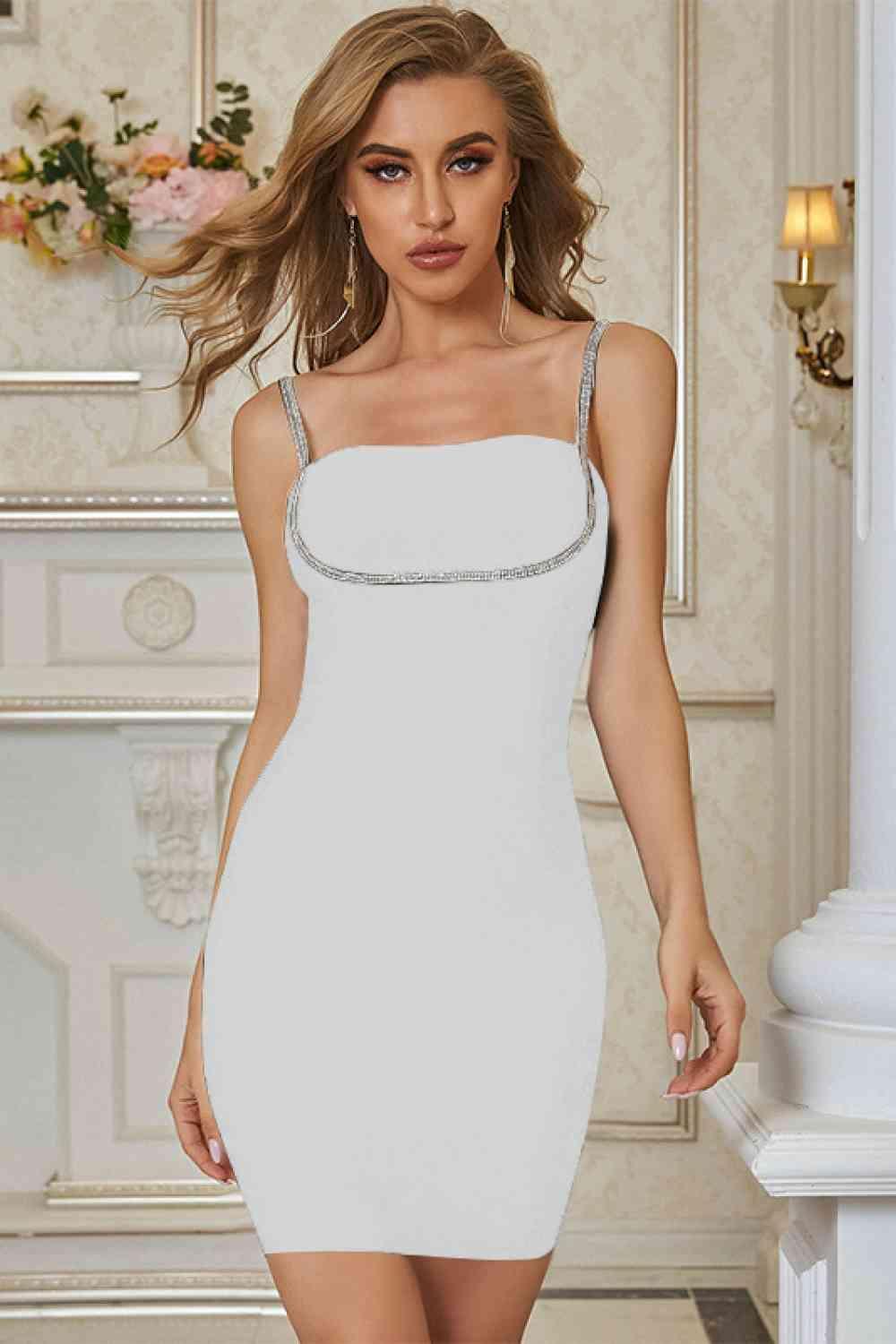 Spaghetti Strap Bodycon Dress with Rhinestone Decoration - 808Lush