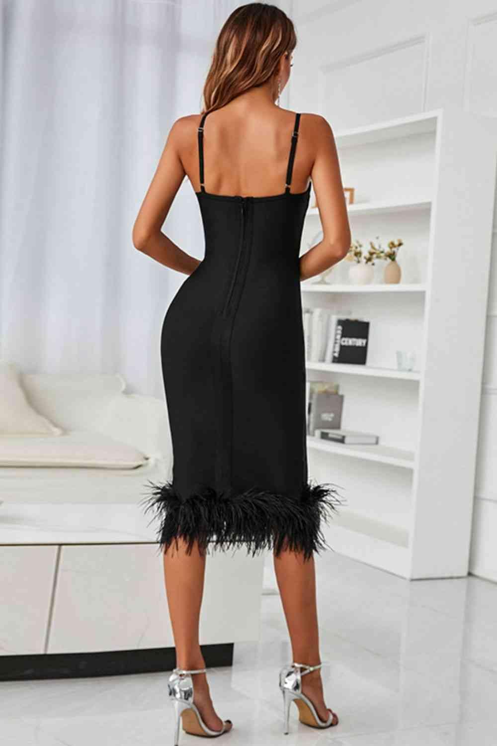 Spaghetti Strap Feather Trim Bodycon Dress - 808Lush