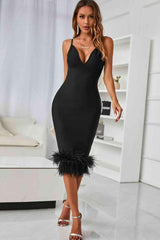 Spaghetti Strap Feather Trim Bodycon Dress - 808Lush