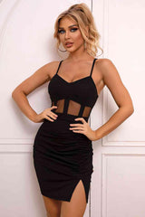 Spaghetti Strap Ruched Slit Dress - 808Lush