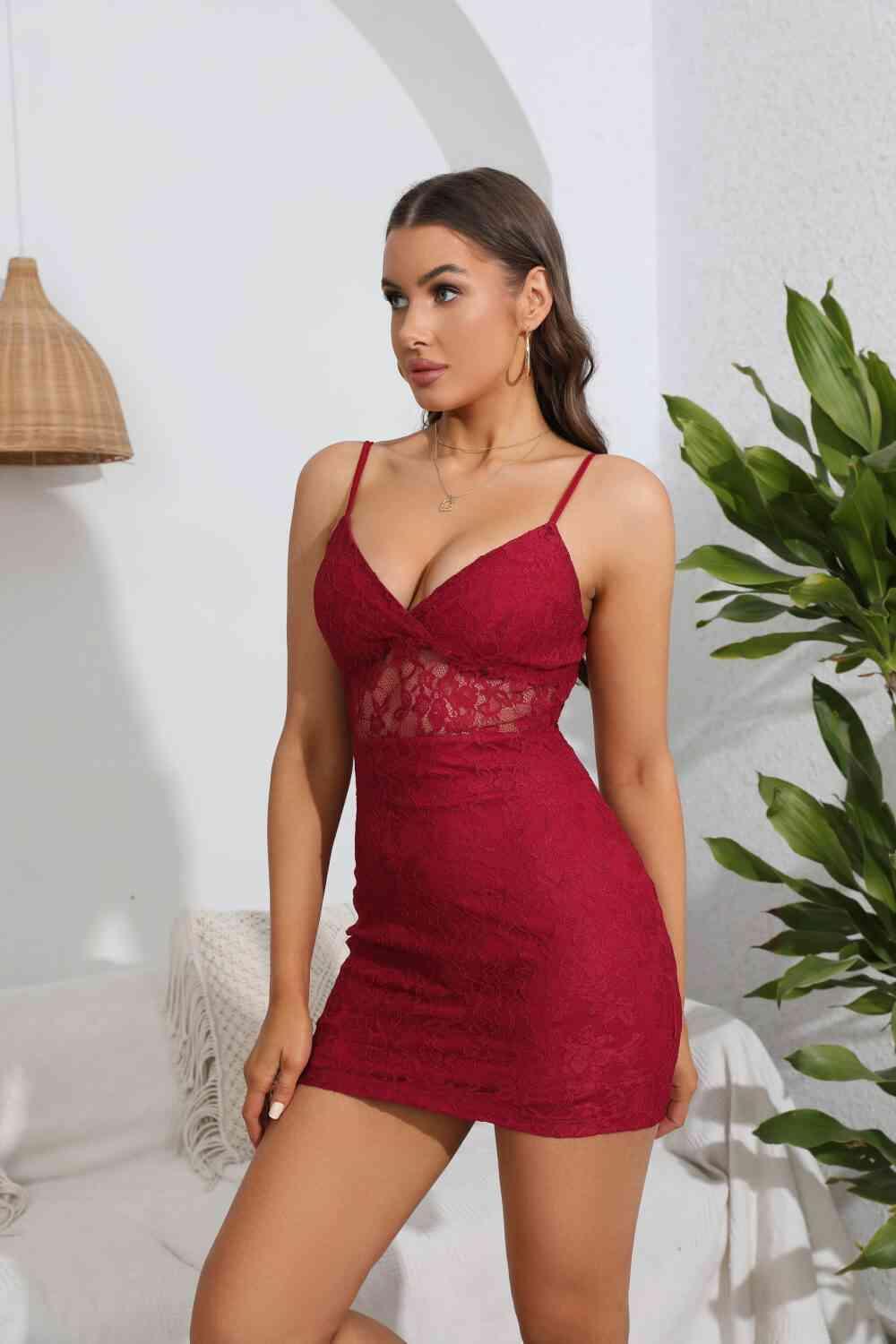 Spaghetti Strap Sweetheart Neck Lace Bodycon Dress - 808Lush