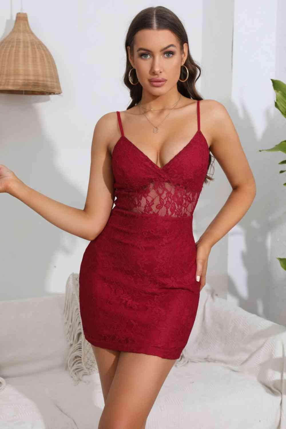 Spaghetti Strap Sweetheart Neck Lace Bodycon Dress - 808Lush