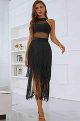 Spliced Mesh Fringe Hem Sleeveless Dress - 808Lush