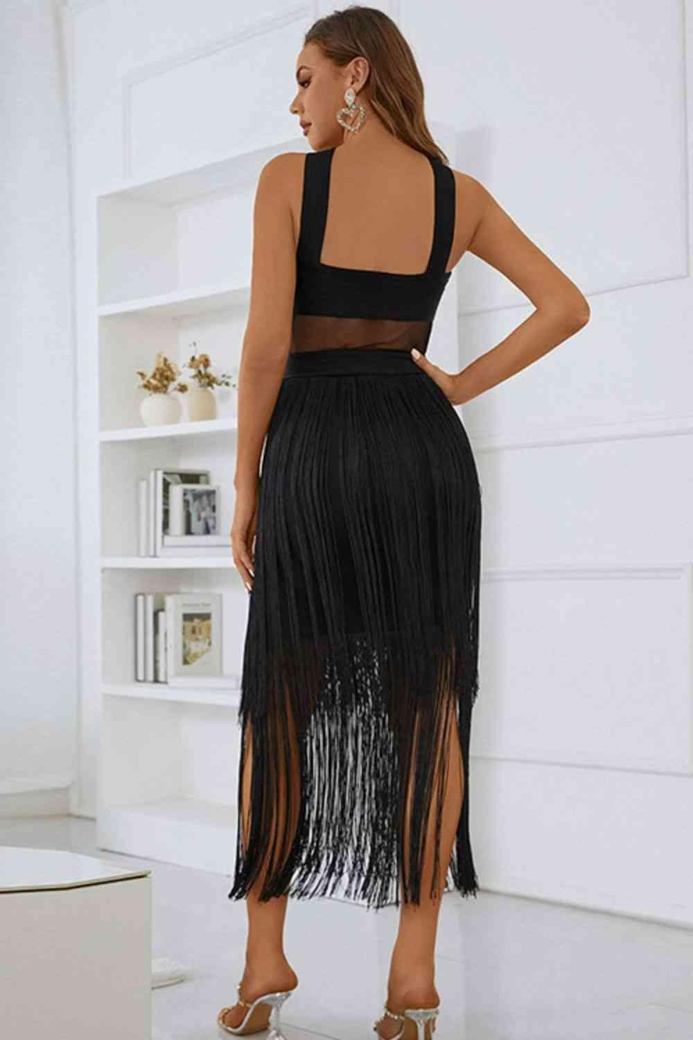 Spliced Mesh Fringe Hem Sleeveless Dress - 808Lush