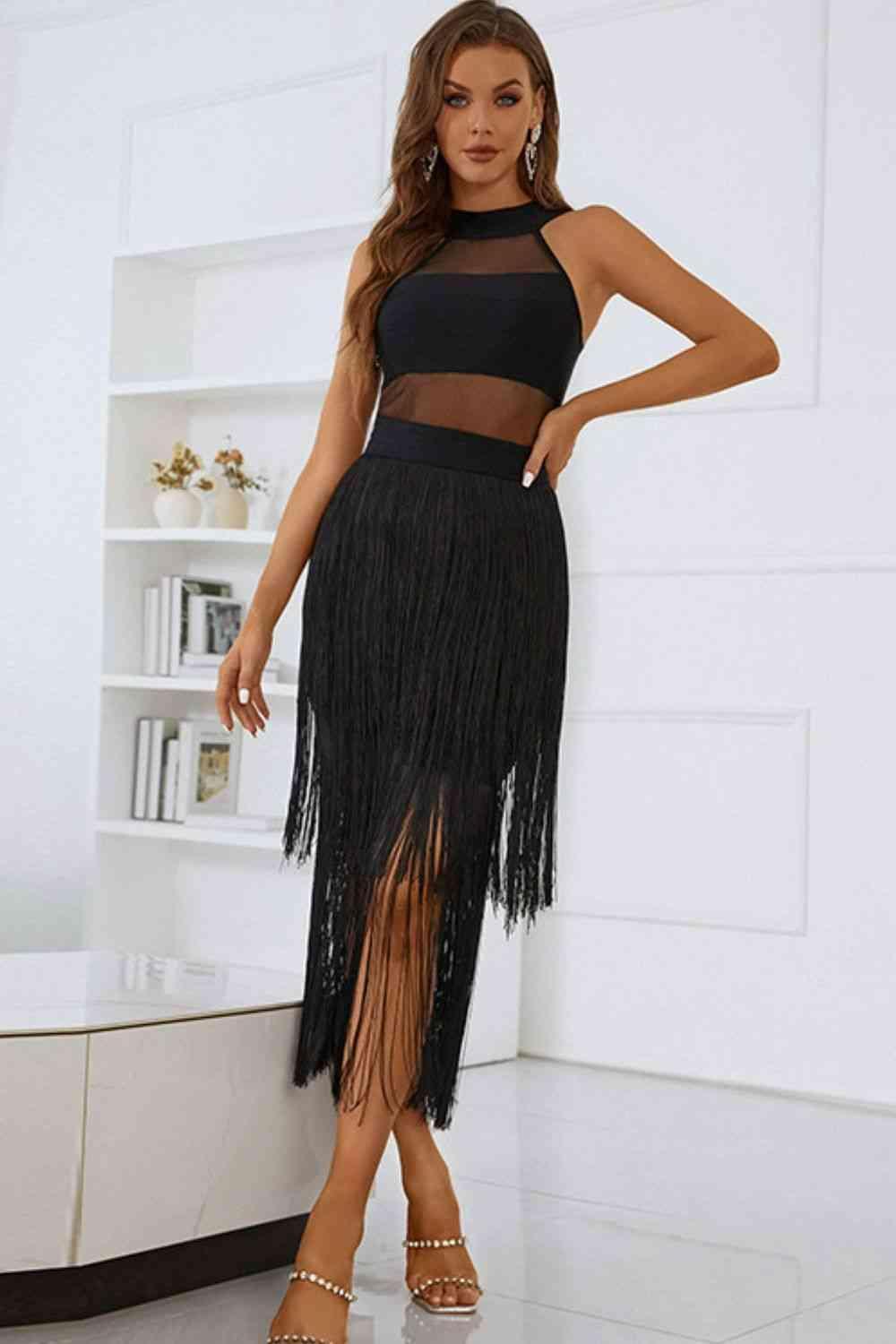 Spliced Mesh Fringe Hem Sleeveless Dress - 808Lush