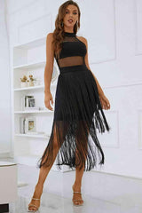 Spliced Mesh Fringe Hem Sleeveless Dress - 808Lush