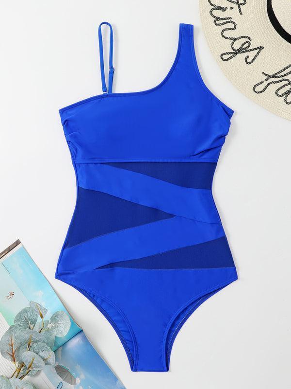 Splicing gauze one-piece swimsuit women's oblique shoulder bikini - 808Lush