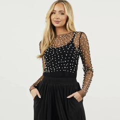 Women Bubble Beads Sheer Mesh Long Sleeved Top - 808Lush