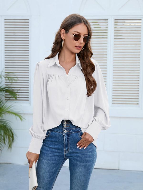 Spring and autumn chiffon shirt women's shirt pleated long-sleeved top - 808Lush