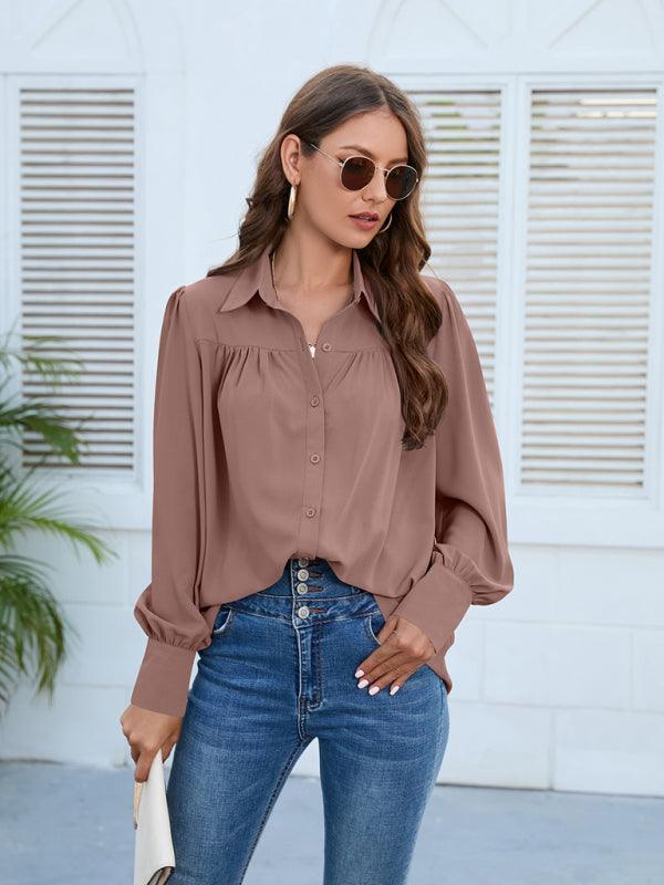 Spring and autumn chiffon shirt women's shirt pleated long-sleeved top - 808Lush