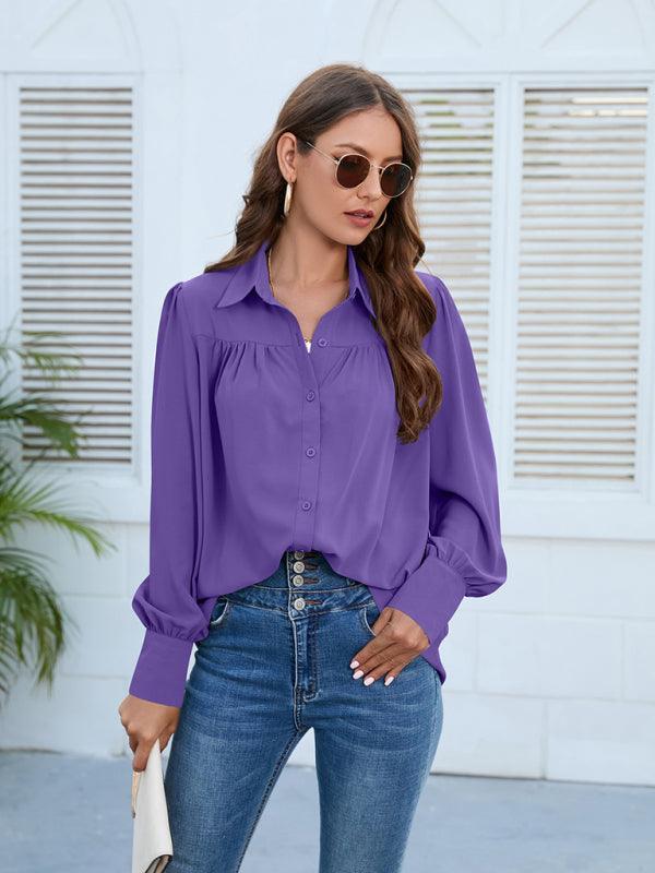 Spring and autumn chiffon shirt women's shirt pleated long-sleeved top - 808Lush