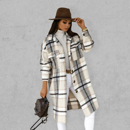 women's long-sleeved plaid print mid-length coat - 808Lush