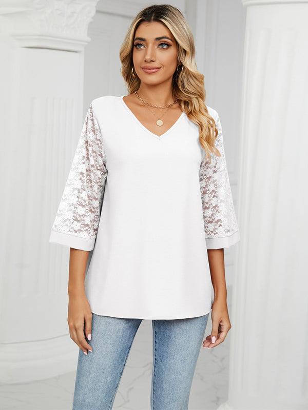 loose v-neck seven-point lace trumpet sleeve stitching chiffon shirt - 808Lush