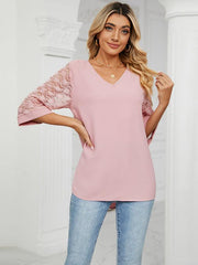 loose v-neck seven-point lace trumpet sleeve stitching chiffon shirt - 808Lush