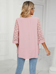 loose v-neck seven-point lace trumpet sleeve stitching chiffon shirt - 808Lush