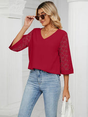 loose v-neck seven-point lace trumpet sleeve stitching chiffon shirt - 808Lush