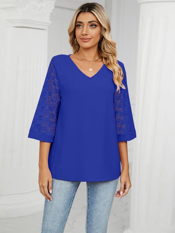 loose v-neck seven-point lace trumpet sleeve stitching chiffon shirt - 808Lush