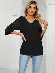 loose v-neck seven-point lace trumpet sleeve stitching chiffon shirt - 808Lush