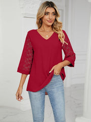 loose v-neck seven-point lace trumpet sleeve stitching chiffon shirt - 808Lush