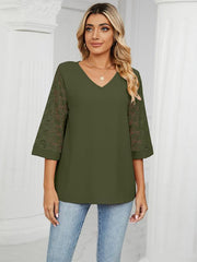 loose v-neck seven-point lace trumpet sleeve stitching chiffon shirt - 808Lush