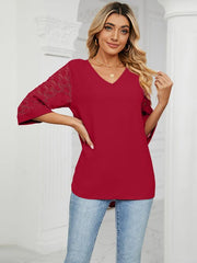 loose v-neck seven-point lace trumpet sleeve stitching chiffon shirt - 808Lush